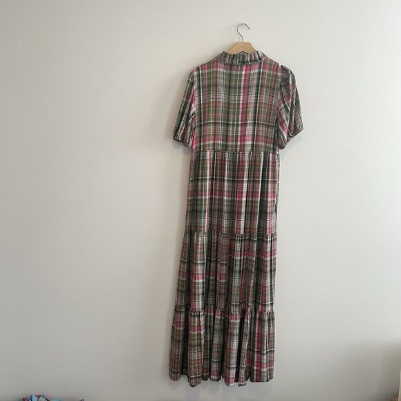 POCKETS! Crown & Ivy Tiered Maxi Dress Olive Wahoo Plaid Ruffle Neck Size M - Picture 3 of 12